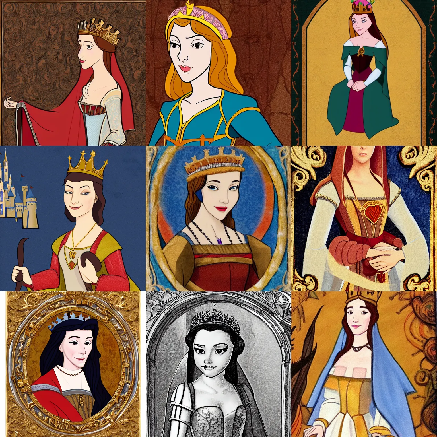 Prompt: a young medieval queen in the style of renaissance disney, disney, 16:9, high detailed