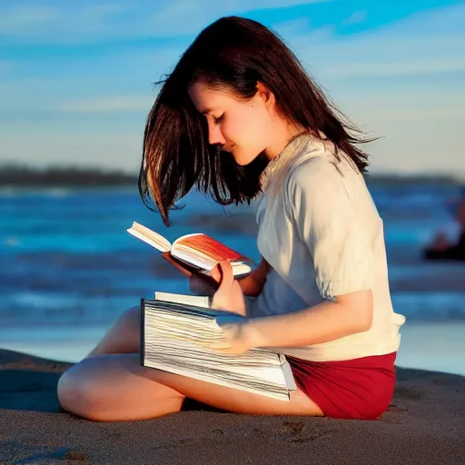 Image similar to girl reading a book, beach, golden hour, sun in frame, wavy water, digital art