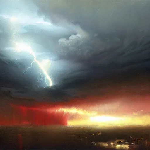 Image similar to a beautiful thunderstorm rolling over a small town, with the clouds illuminated slightly red, ominous, eerie, wayne barlow, craig mullins