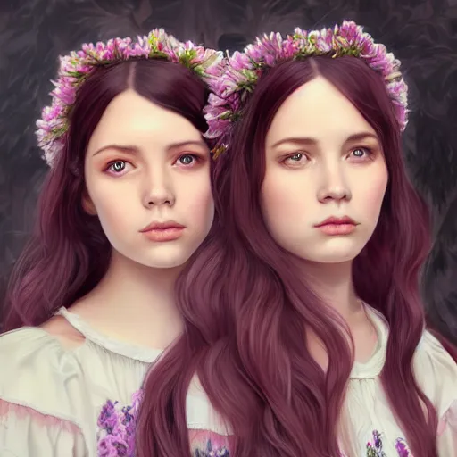 Image similar to a highly detailed portrait of sisters with purpure very very long hair, There are large snow-white peonies in the background, artstation, highly detailed, portrait, by ghilby