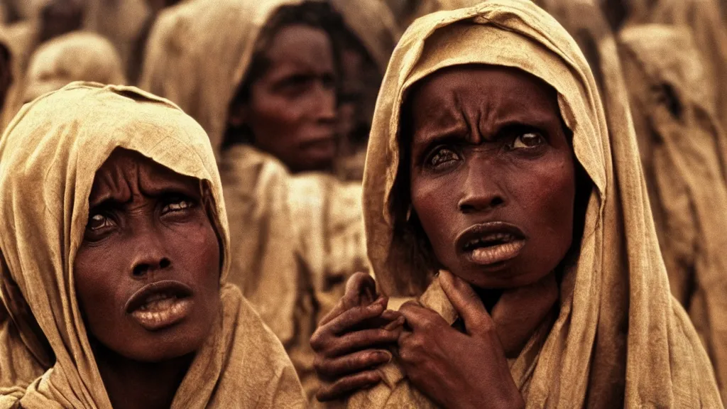 Prompt: 1984 Ethiopian famine and drought, atmospheric, portrait, movie scene, hd, 4k