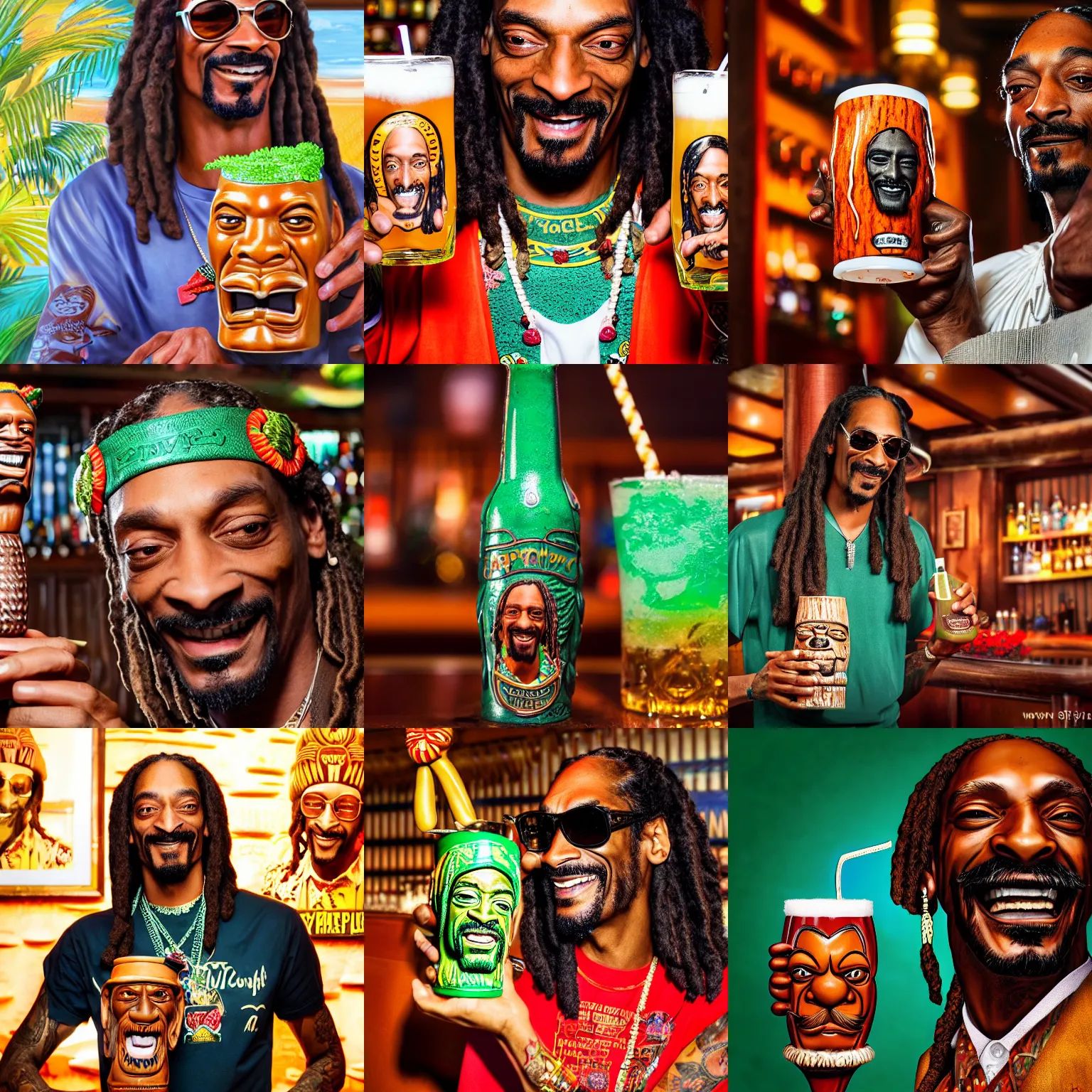 Prompt: a closeup photorealistic photograph of happy snoop dogg at trader vic's bar holding trader vic's tiki mug that features the face of snoop dogg. brightly lit scene. this 4 k hd image is trending on artstation, featured on behance, well - rendered, extra crisp, features intricate detail, epic composition and the style of unreal engine.