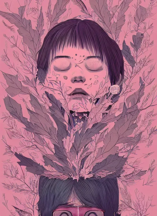 Image similar to portrait, nightmare anomalies, leaves by miyazaki, violet and pink and white palette, illustration, kenneth blom, mental alchemy, james jean, pablo amaringo, naudline pierre, contemporary art, hyper detailed