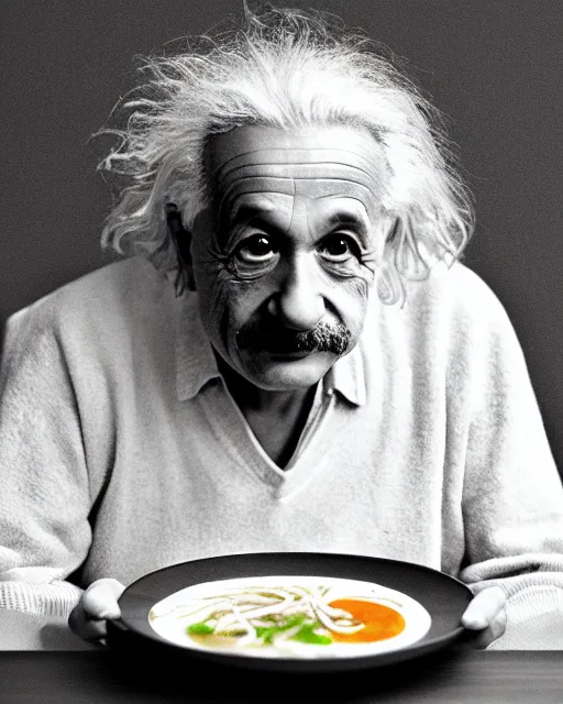 Prompt: a portrait of albert einstein sitting at the dining table with a plate containing tonkotsu ramen in front of him, highly detailed, trending on artstation, bokeh, 9 0 mm, f / 1. 4