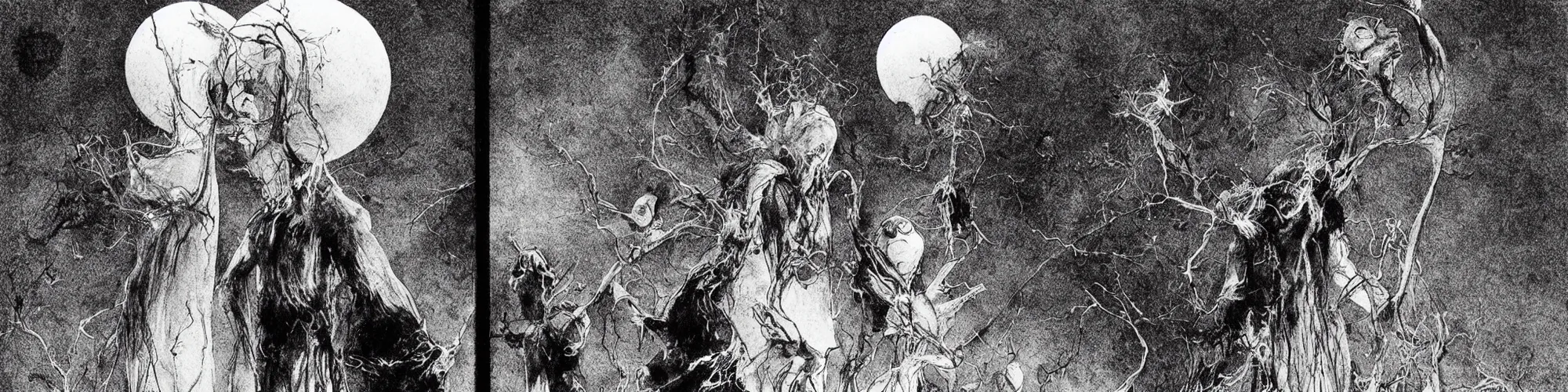 Prompt: dawn of creation ; first atom ; beings of light and darkness ; ethereal plane. extremely dark image. complete darkness blackness. illustrated by maurice sendak and stephen gammell and junji ito and dr seuss and tsutomu nihei