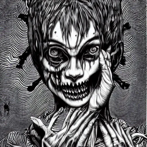 Image similar to increasingly scary and creepy psychedelic horror art by godmachine dzo olivier scott fischer yoji shinkawa shintaro kago junji ito esoteric hypnogogic hyperviolence hyperrealism realistical michaelangelo creatures of madness