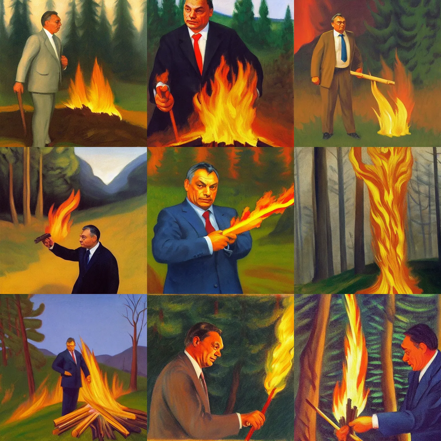 Prompt: viktor orban setting a forest on fire, holding a wood piece, highly detailed face, by edward hopper