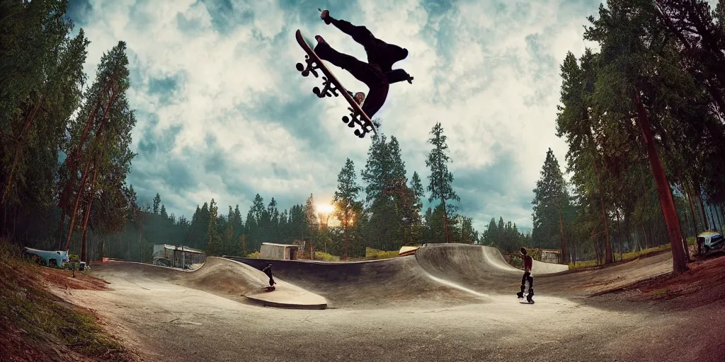 Prompt: a beautiful matte painting of a skateboarder gliding past graffiti, kick flip, village setting, log homes, dirt road, trees, fisheye lens, by Mikko Lagerstedt and Paul Lehr