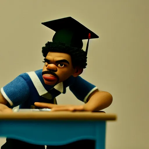 Image similar to a cinematic film still of a claymation stop motion film starring chance the rapper as a college student, shallow depth of field, 8 0 mm, f 1. 8