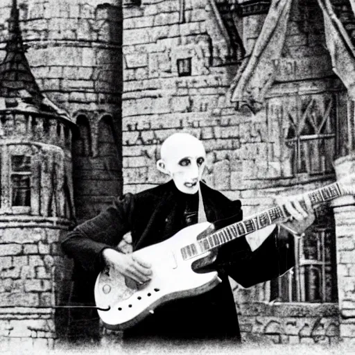 Prompt: vintage photograph of count orlok outside his castle, playing the blues on guitar, castle in the background, 4 k