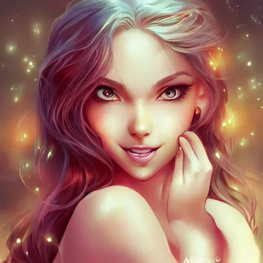 Prompt: very beautiful female mermaid, smiling, flirty, eye contact, perfect face, perfect body, drawn by artgerm