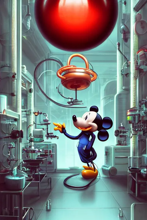 Image similar to mechanics scientist in lab facility looking at bloody mickey mouse head lifted by claw,, made by beeple, cgsociety, artgerm, greg rutkowski, highly detailed intricate 4 k art, low light cinematic, octane render, unreal engine, smooth concept art