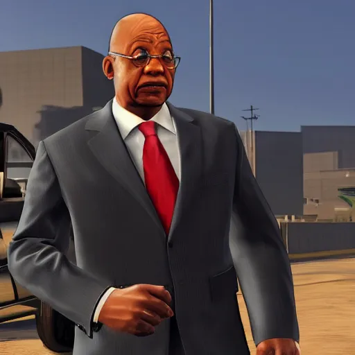 Image similar to Game still of Jacob Zuma as a character in GTA loading screen