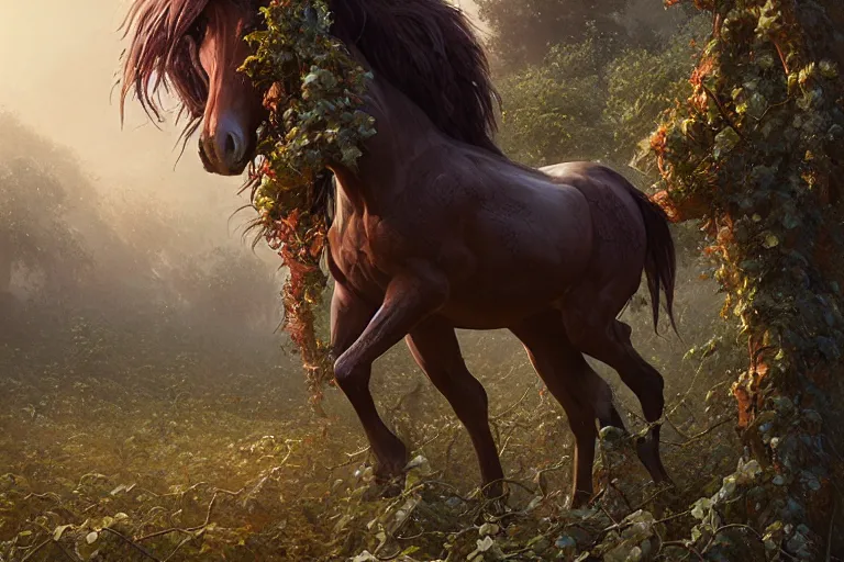 Prompt: a stunning horse with a mane of vines and flowers by greg rutkowski, high key lighting, volumetric light, digital art, highly detailed, fine detail, intricate, ornate, complex, octane render, unreal engine, photorealistic