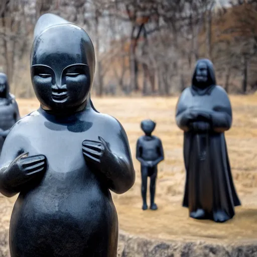 Prompt: humans praying to a statue of a giant obsidian evil baby harp seal ultra modern statue, Leica, 4k photo