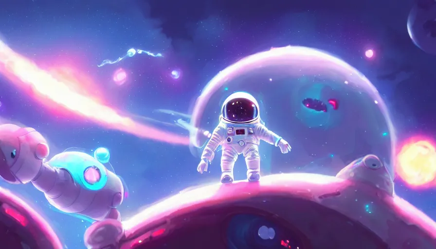 Prompt: a still of a cute kawaii astronaut android riding a large neon kaiju dragon, a detailed and dynamic outer space bsckground, a dramatic composition by wlop and greg rutkowski and makoto shinkai and studio ghibli and kyoto animation cute bubbly clothing, highly detailed, digital painting, matte