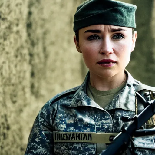 Image similar to a photograph of emilia clark as a female soldier, cinematic lightening, professional, pentax k 1 0 0 0, sharp focus