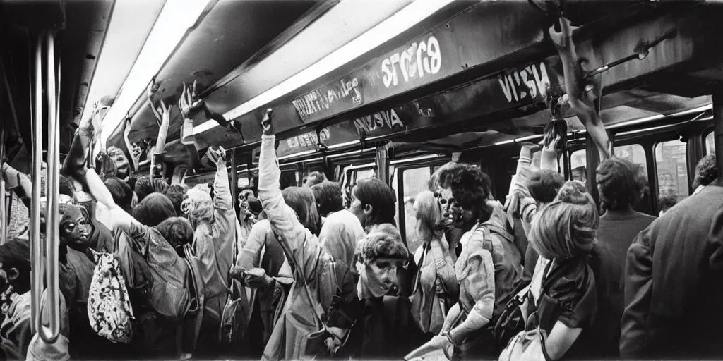 Image similar to 1 9 7 0's new york subway, crowd doing graffiti on a train in the depot, coloured film photography, christopher morris photography, bruce davidson photography