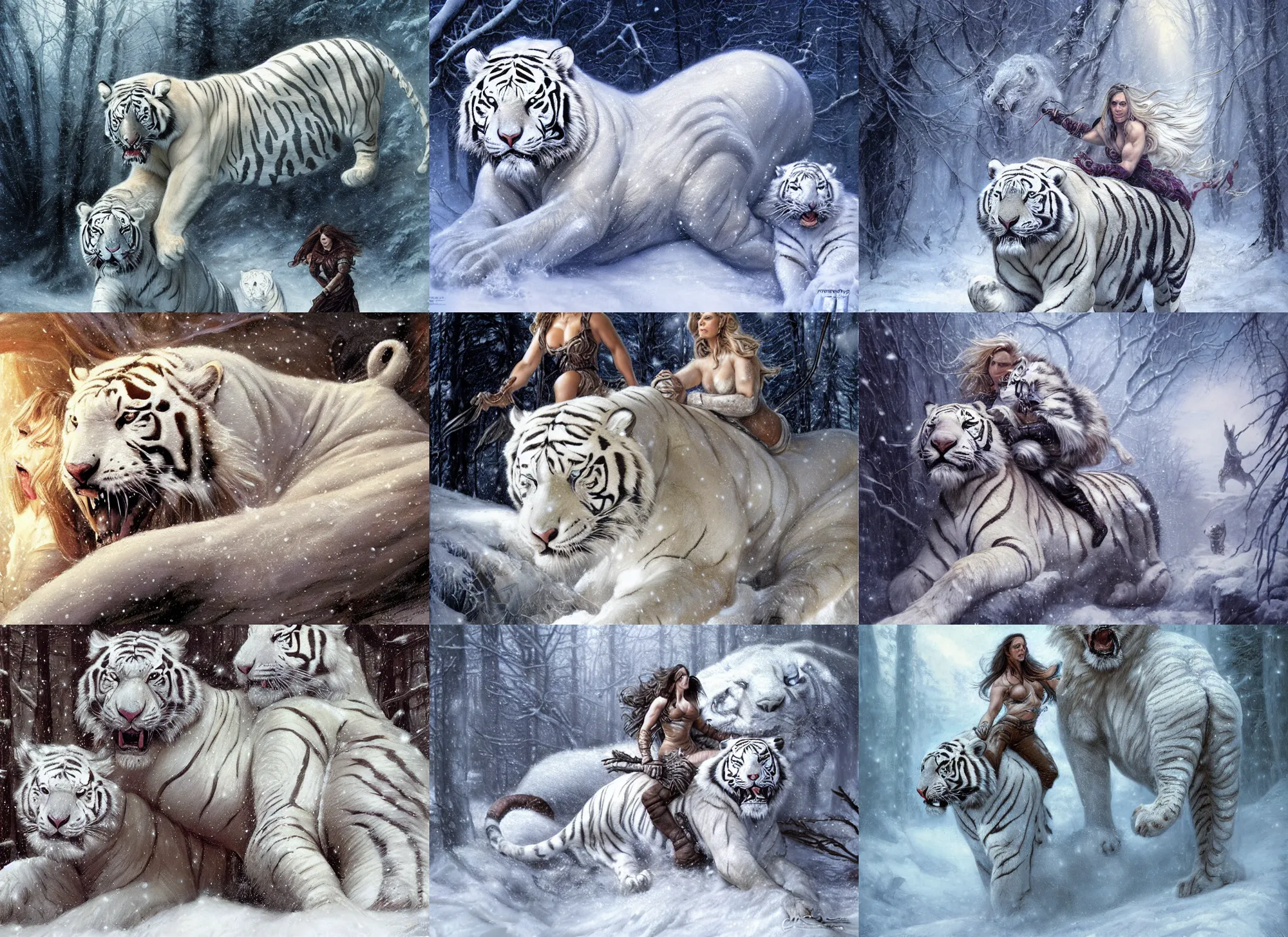 Prompt: portrait of muscled Jennifer Connelly riding a fierce large white tiger, wintery scene, snow storm, Donato Giancola, Mark Brooks, Ralph Horsley, Charlie Bowater, Artgerm, Christopher Balaskas, Bastien Lecouffe-Deharme