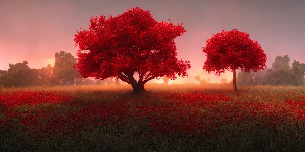 Image similar to a big red tree in the middle of a battlefield near a bunch of red flowers at sunrise, hyperrealistic, concept art, octane render, unreal engine 5, trending on Artstation, high quality, 8K, dramatic lighting, cinematic, high coherence, highly detailed, Midjourney style, epic scene, path traced, low contrast, complementary colors