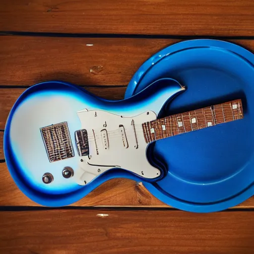 Prompt: a blue electric guitar on a table with a barbecue plate and a beer can. polaroid. 1/200 sec ISO 50. f/5.6 with artificial light