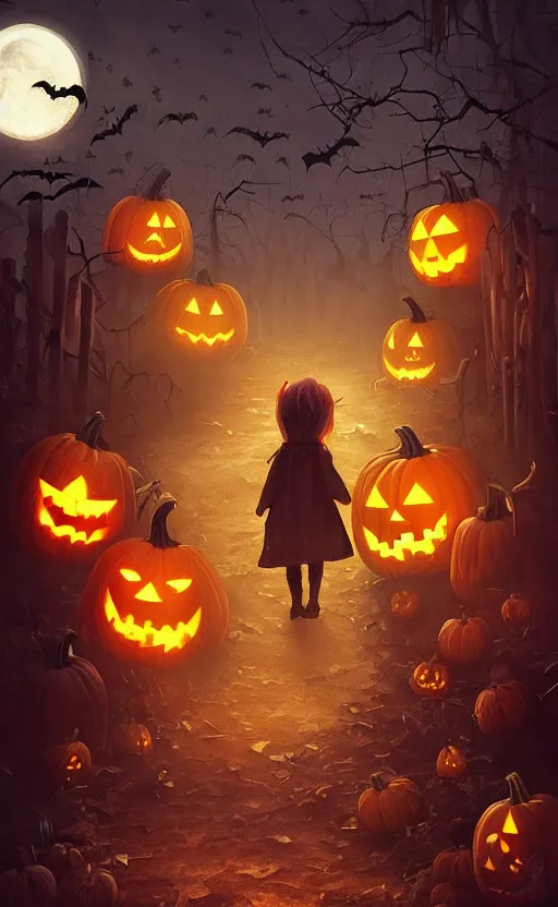 Image similar to a creepy and eery Halloween setting, with Jack o lanterns on the street and shadow figures lurking about, dynamic lighting, photorealistic fantasy concept art, stunning visuals, creative, cinematic, ultra detailed, trending on art station, spooky vibe