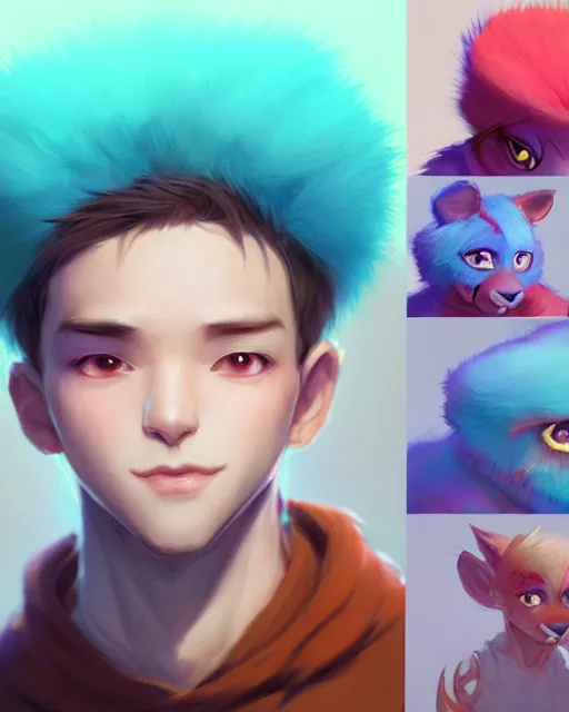 Image similar to character concept art of a cute young colorful male anthropomorphic furry | | cute - fine - face, pretty face, key visual, realistic shaded perfect face, fine details by stanley artgerm lau, wlop, rossdraws, james jean, andrei riabovitchev, marc simonetti, and sakimichan, trending on artstation