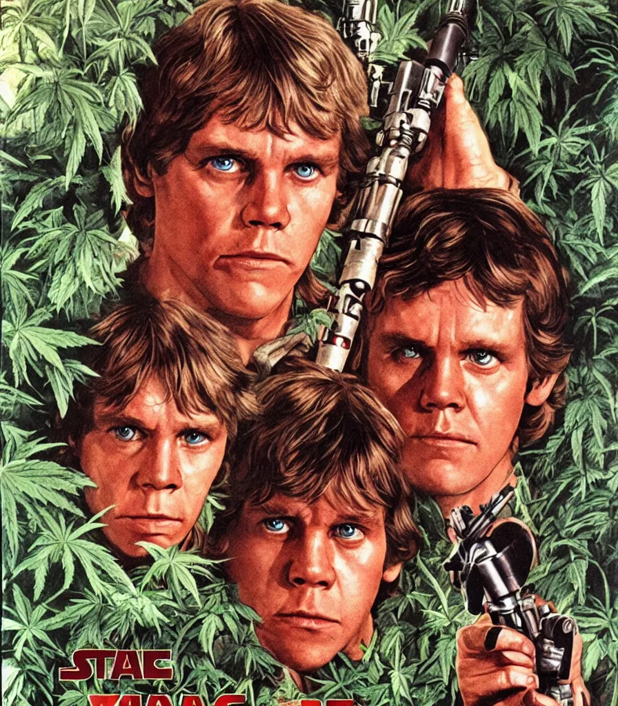 Image similar to vintage 1 9 7 7 star wars episode iv a new hope movie poster, of luke skywalker with bloodshot eyes smoking a huge blunt, surrounded by cannabis plants