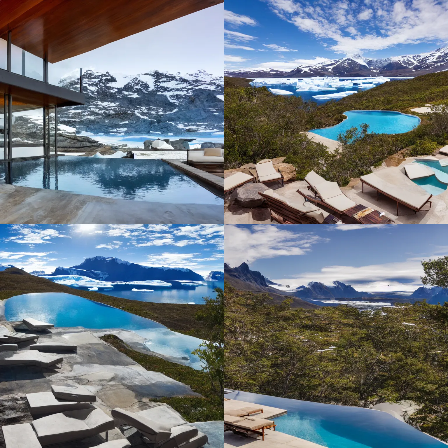 Prompt: Luxury real estate listing, landscape photo of infinity pool overlooking mountains in Antarctica, midcentury modern furniture, award winning photograph