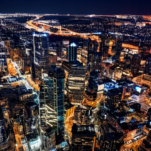 Prompt: nighttime cityscape photo shot from helicopter ultradetailed 8 k