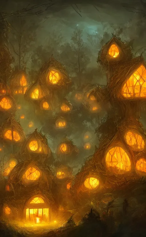 Image similar to a giant pumpkin house in the middle of a forest at night, the lights are on, dynamic lighting, photorealistic fantasy concept art, trending on art station, stunning visuals, creative, cinematic, ultra detailed