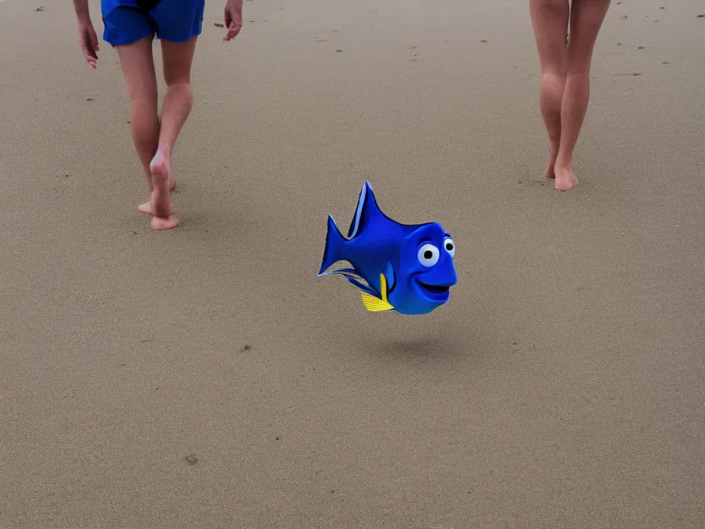 Image similar to Dory in real life with real human feet and legs walking toward you on the beach, 8k resolution