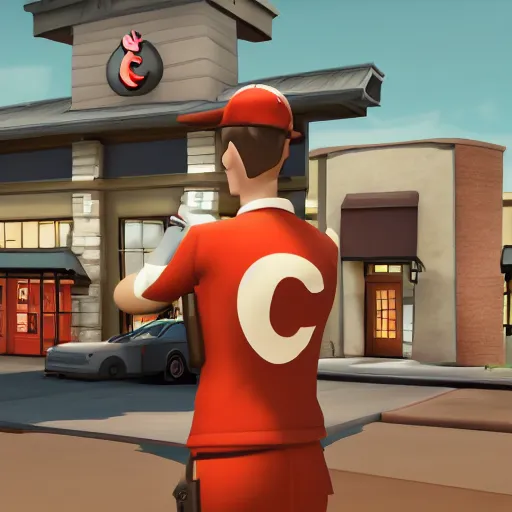 Image similar to scout from tf 2 orders chik - fil - a, highly detailed, cinematic lighting,