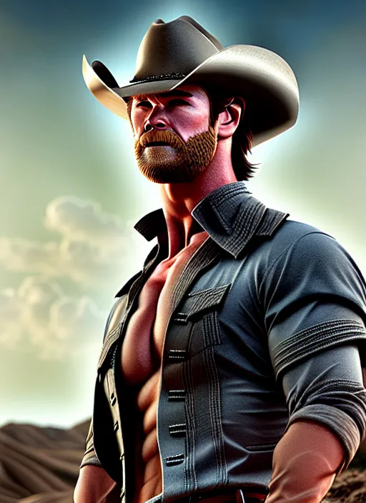 Image similar to chris hemsworth cowboy, highly detailed, 4 k, hdr, award - winning, artstation, octane render