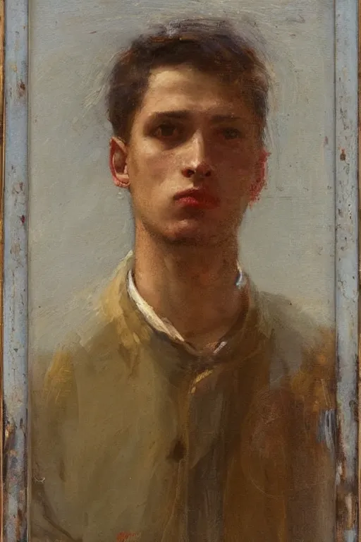 Image similar to Solomon Joseph Solomon and Richard Schmid and Jeremy Lipking victorian genre painting full length portrait painting of a young man going fishing, red background