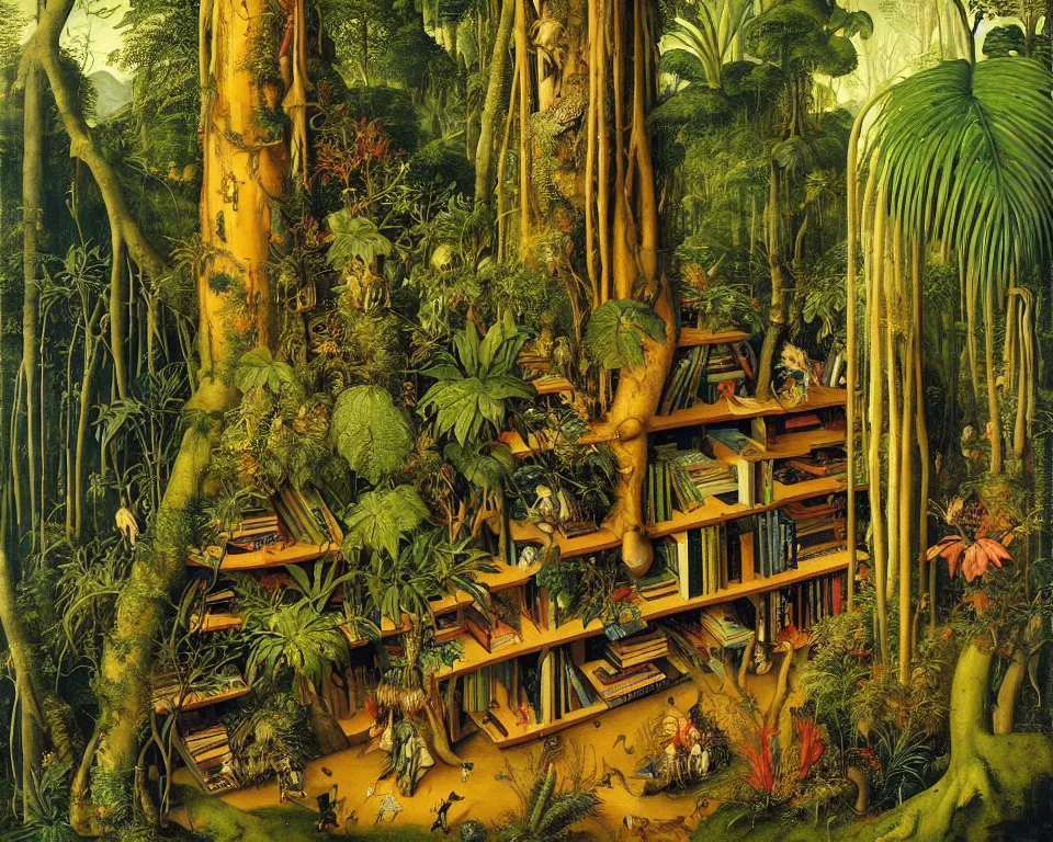 Image similar to a bookshelf in the rainforest by albrecht altdorfer. hyperdetailed, proportional, romantic, enchanting, achingly beautiful, graphic print, trending on artstation, jungle, tropical, foliage