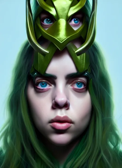 Image similar to Billie Eilish as Female Loki, beautiful facial symmetry, olive skin color, hyper realistic, hyper detail, very detailed, digital art, trending on artstation, smooth render, 8k octane render,