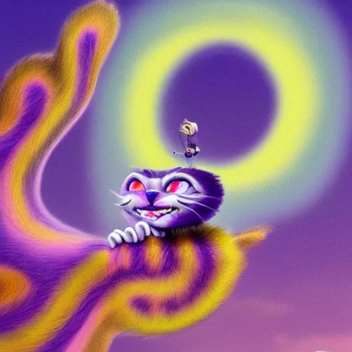 Image similar to the Cheshire cat smiling from a cloud he's sitting on in the sky high level of detail 8k style of LUKE BROWN