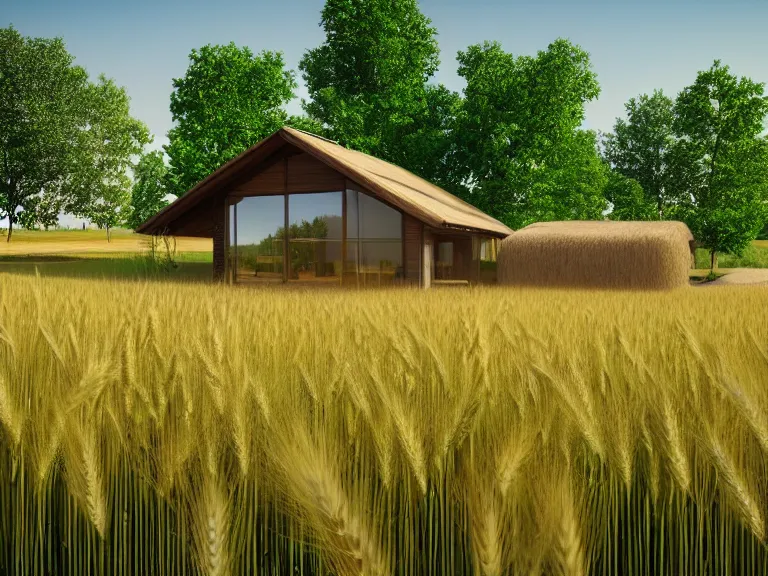 Image similar to hyperrealism concept art design of beautiful eco house in small ukrainian village, wheat field behind the house