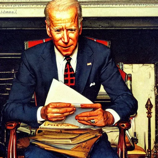 Image similar to a norman rockwell painting of the Joe Biden sitting in a chair, cozy fire, award winning,