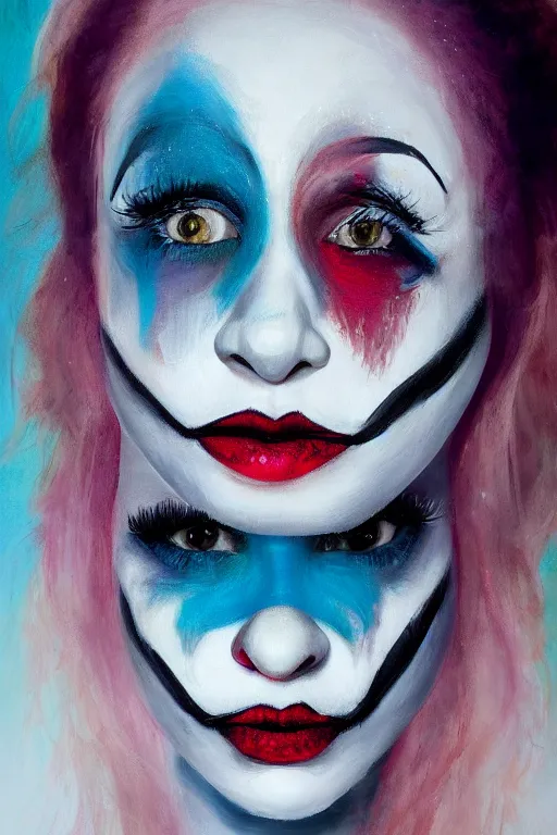 Prompt: detailed painting of a pale clown girl with messy make up