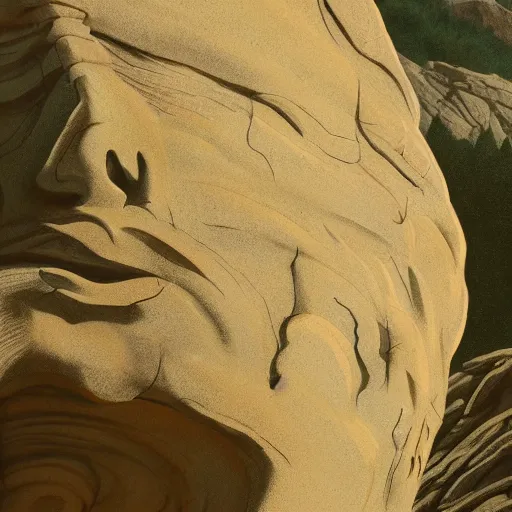 Image similar to highly detailed professional landscape painting of alien bust carved into the mountains in the style of mount rushmore, trending on artstation, ultra detail, atmospheric lighting, sci - fi, futuristic, cyberpunk
