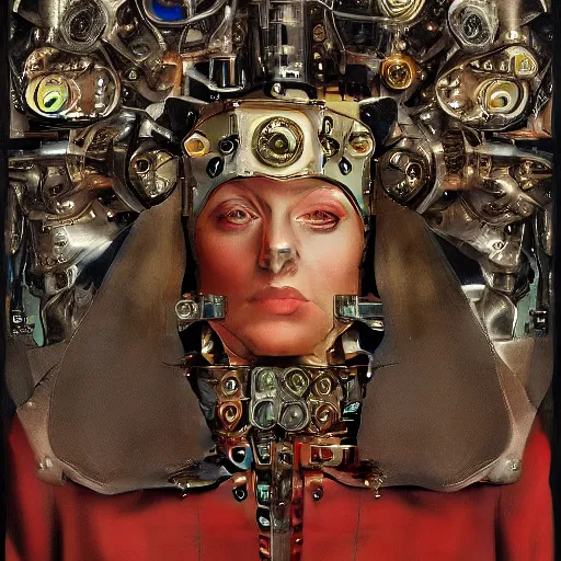 Image similar to a portrait of a shiny metallic renaissance steampunk robot, in the style of Jan van Eyck,