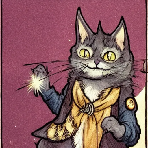 Image similar to a wizard cat is laughing as a small cat, dynamic pose, medium level shot, comedy, fantasy, illustration, mucha style,