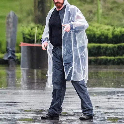 Prompt: christian bale in a clear rain coat holding an axe hd