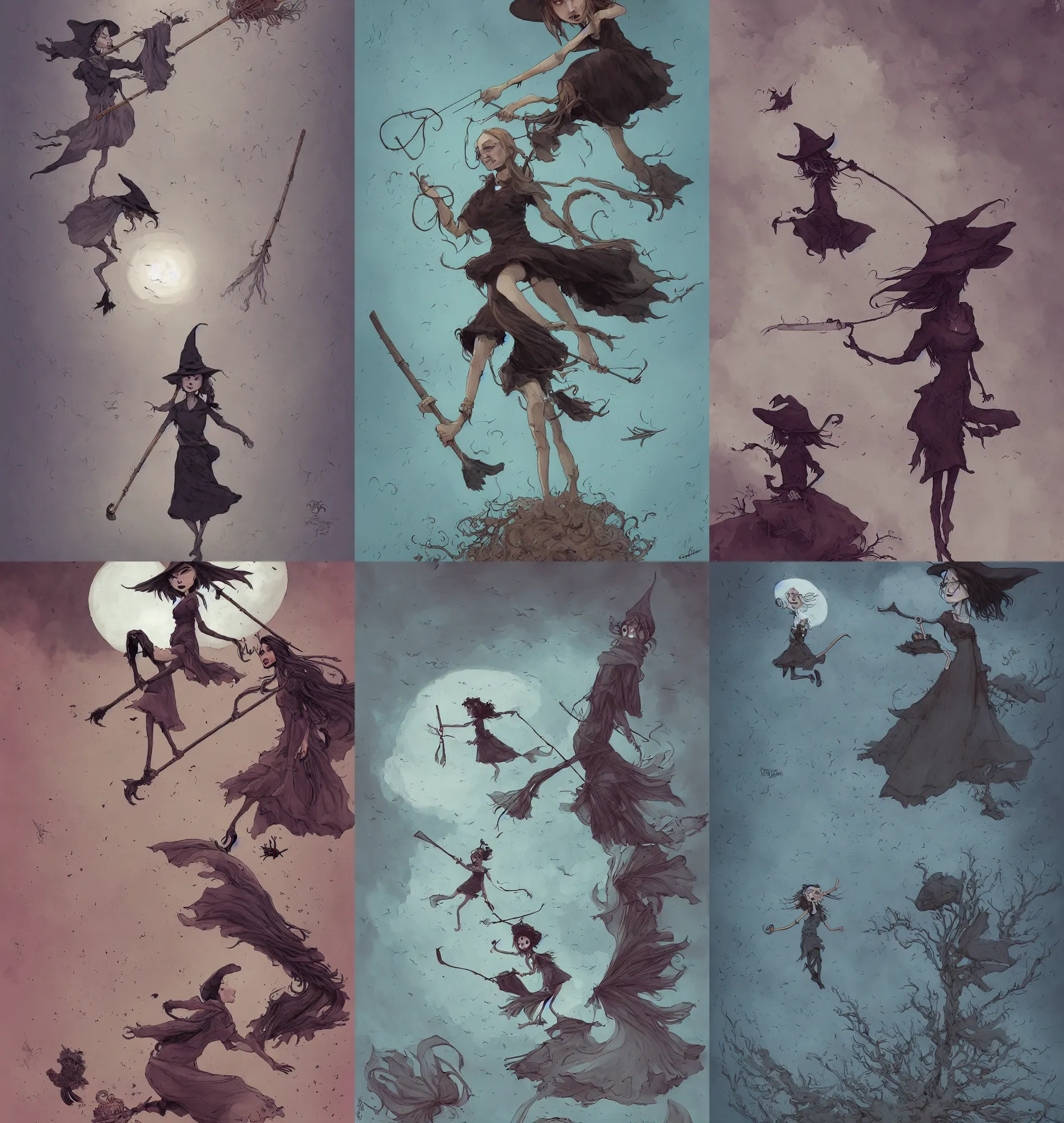 Prompt: a witch. floating in the sky with a broomstick. she wear a short dark skirt. painted by barbara canepa and alessandro barbucci and tony sandoval.