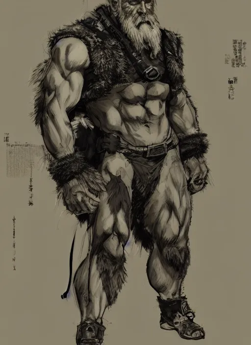 Image similar to Full body portrait of an old muscular man with blonde hair and beard wearing bear skin. In style of Yoji Shinkawa and Hyung-tae Kim, trending on ArtStation, dark fantasy, great composition, concept art, highly detailed.