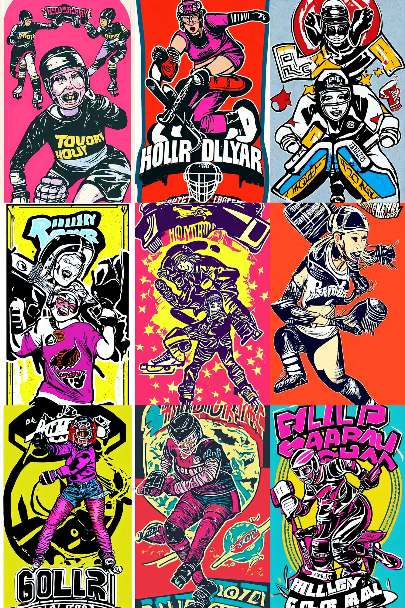 Prompt: roller derby girl hockey Stop , full length portrait, logo, wearing skating helmet, wearing torn clothes, victory lap, Philippe Caza, 2 colour print