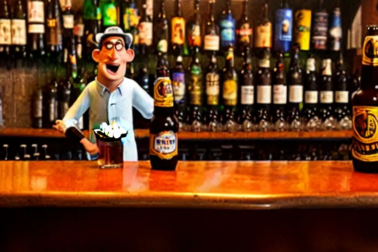 Image similar to a drunken bottle of beer stands a bar yelling at the bar tender, pixar