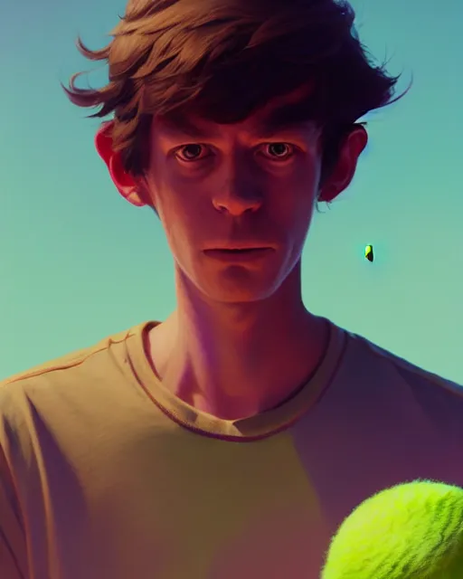 Image similar to highly detailed vfx portrait of a character of a tennis ball monster stephen bliss, unrealengine, greg rutkowski, loish, rhads, beeple, makoto shinkai and lois van baarle, ilya kuvshinov, rossdraws, tom bagshaw,